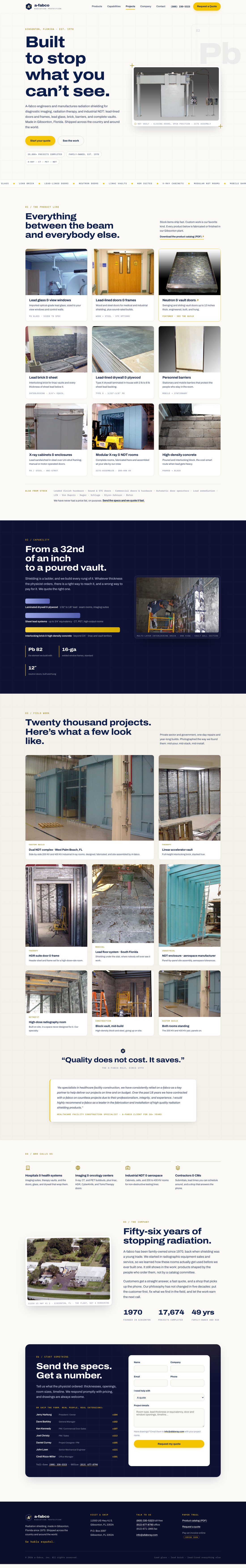 Scrolling preview of the A-fabco website concept: hero, product line, project gallery, and quote form